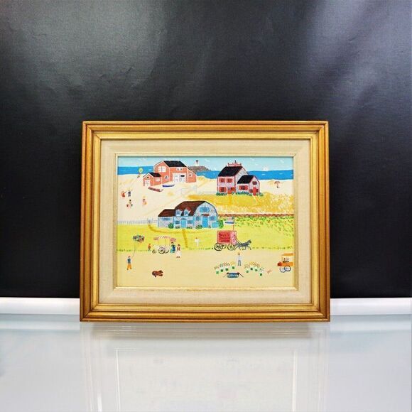 Primitive Americana Vintage Art Naif Folk Art BHC Signed Canvas Painting Naive - Picture 10 of 10